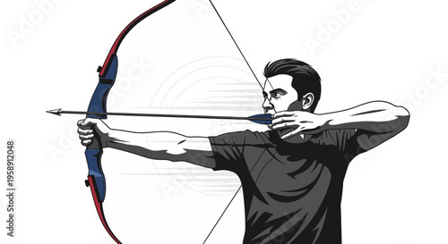 Concentrated Archer Aiming Bow Ready to Shoot with Precision