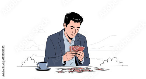 Concentration And Strategy A Man Playing Cards With Coffee