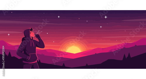 Contemplative Figure Enjoying Dusk Over Majestic Mountains