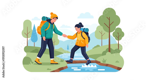 Couple Hiking Together Crossing A Stream Helping Hands Nature Adventure
