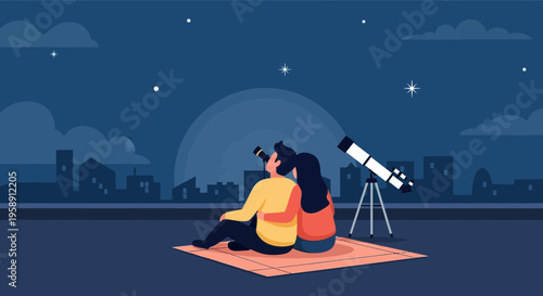 Couple Observing Celestial Wonders With Telescope Under Night Sky