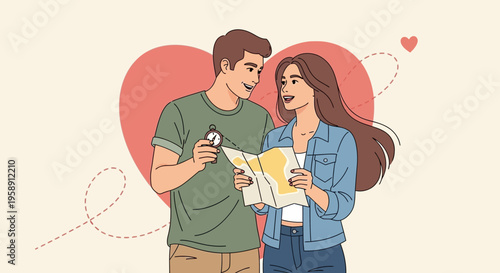 Couple Planning Adventure Holding Map And Compass With Heart Backdrop