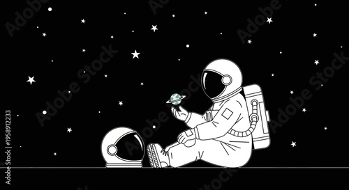 Cosmic Contemplation Astronaut Sits Amidst The Stars Holding A Miniature Planet