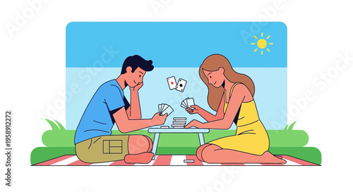 Couple Playing Cards Outdoors On A Sunny Day Enjoying Leisure Time Together