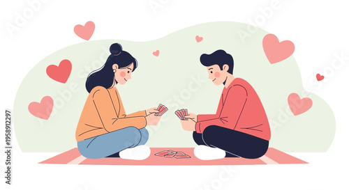 Couple Playing Cards Together Surrounded By Hearts