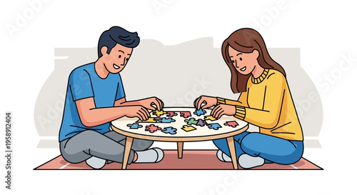 Couple Completing Jigsaw Puzzle Together On A Round Table Enjoying Quality Time