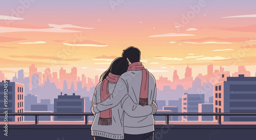 Couple Embracing Overlooking City Skyline During Golden Hour Sunset