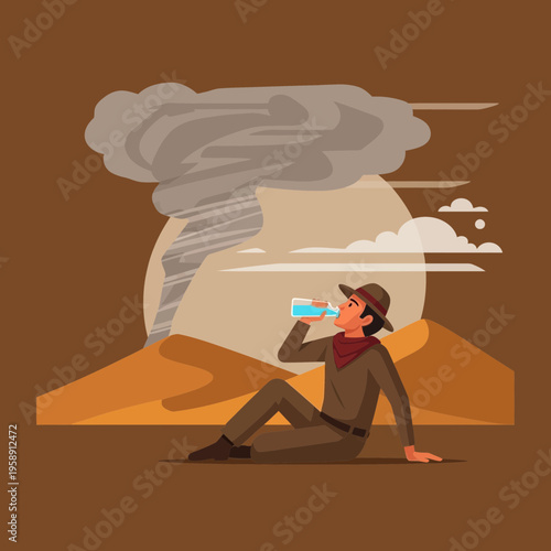 Cowboy Sips Water Amidst Desert Tornado Calmness Amidst Wild Storm