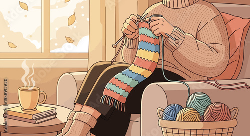 Cozy Autumn Evening Knitting And Sipping Warm Beverage By The Window