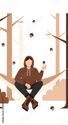 Cozy Autumn Scene Relaxing In Hammock With Falling Acorns