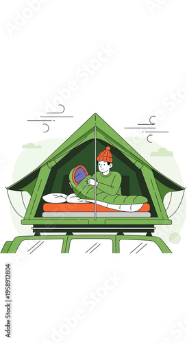 Cozy Camper Enjoys Inside Tent Adventure Outdoors