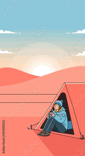 Cozy Camper Enjoys Sunrise Warm Beverage Desert Oasis Serenity