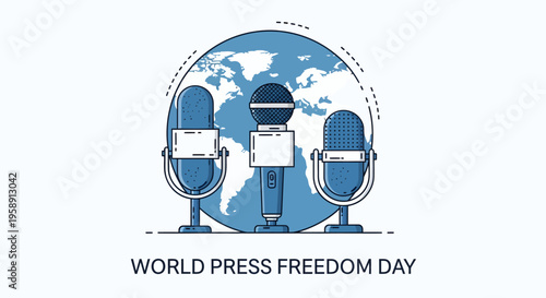 A modern flat vector illustration representing World Press Freedom Day, featuring microphones symbolizing journalism and global media coverage in a clean blue tone design.
