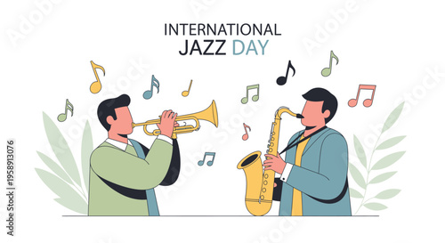 Modern flat illustration of jazz musicians playing trumpet and saxophone celebrating International Jazz Day. Ideal for music events, posters, and cultural promotions.