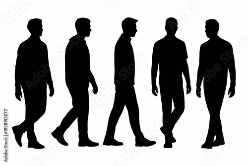 Silhouettes of men walking in line.