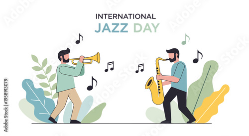 Modern flat illustration of jazz musicians playing trumpet and saxophone celebrating International Jazz Day. Ideal for music events, posters, and cultural promotions.
