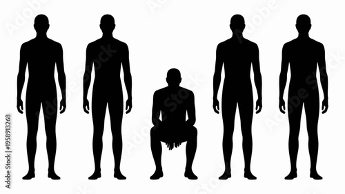 Black silhouettes of standing and sitting men.