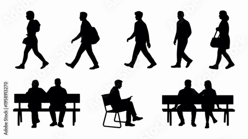 Silhouettes of people walking and sitting.