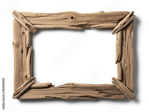 A rustic wooden frame made of driftwood with a natural, weathered appearance.