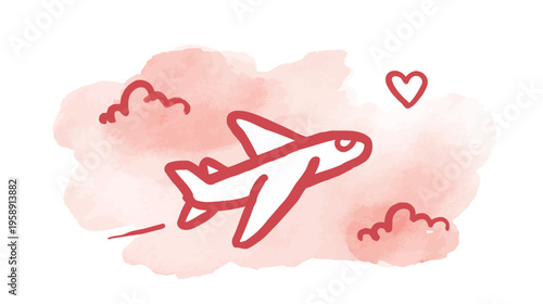 Dreamy hand-drawn airplane flying through soft pink watercolor clouds with a heart, symbolizing travel, love, and adventure.