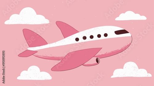 Charming pink cartoon airplane flying amidst white clouds in a pastel sky, symbolizing travel, dreams, and adventure.