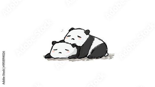 Adorable cartoon pandas snuggling, two sleepy and sad baby animals embracing on a white background, cute minimalist illustration