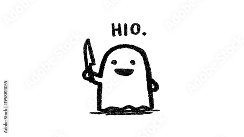 Playful cartoon ghost character holding a small knife with 'HIO' text in a minimalist doodle style illustration