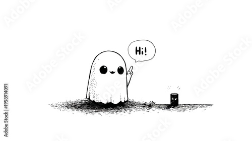 Cute cartoon ghost saying 'Hi!' with a friendly wave in a whimsical black and white sketch illustration, minimalist design