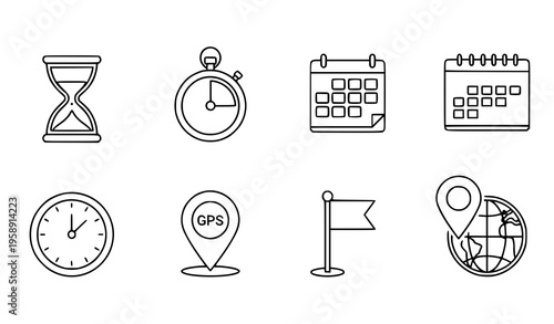 A set of eight line art icons representing various time and navigation concepts