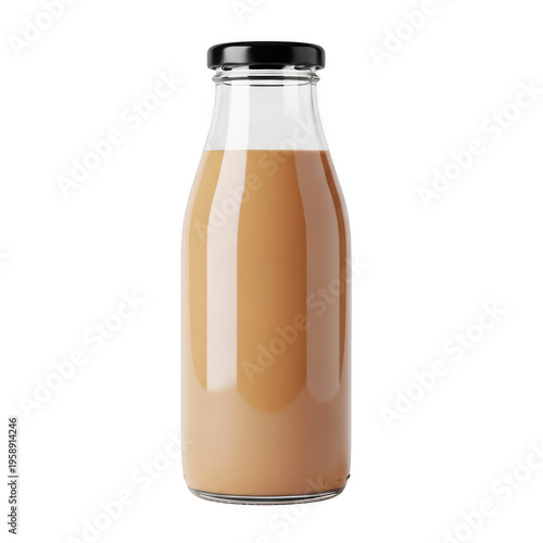 Small glass bottle filled with tasty brown coffee or milk drink, isolated on transparent cutout png.