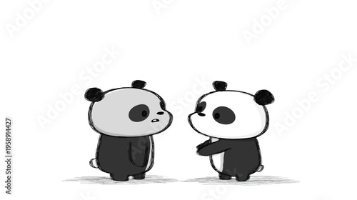 Cute hand-drawn black and white cartoon pandas communicating, adorable illustration of two friendly panda characters interacting