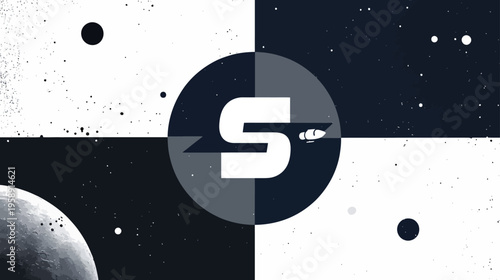 Monochrome stylized letter S with spaceship flying through an abstract cosmic background, minimalist sci-fi design illustration