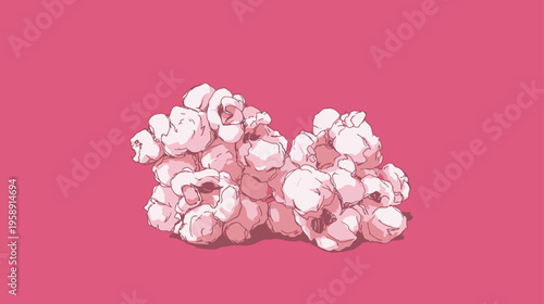 Illustrated pile of fluffy popcorn kernels on a vibrant pink background, a delicious minimalist movie snack graphic.