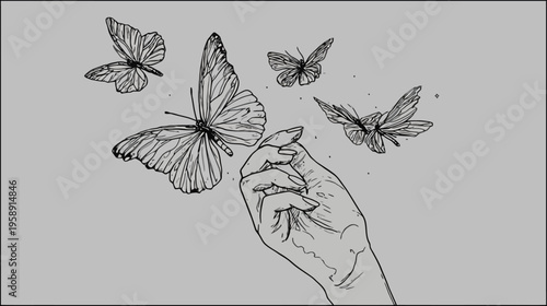 Elegant Line Art Illustration of a Human Hand and Flying Butterflies, Symbolizing Freedom, Nature, and Grace