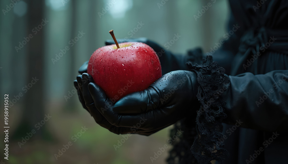 Fototapeta premium Gloves hold red apple in misty forest. Dark dress and black gloves near wet fruit. Fairytale witch offers poisoned fruit. Mystery and danger hidden in nature.