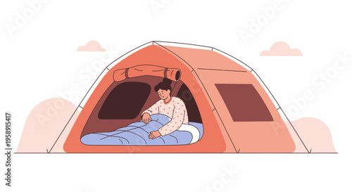 Cozy Camper Prepares For Night In Orange Tent