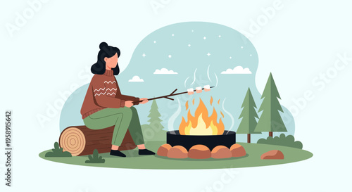 Cozy Campfire Marshmallow Roasting Outdoor Adventure Scene