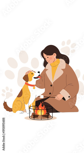 Cozy Companionship Warming Up By A Crackling Fire With Beloved Pet Dog