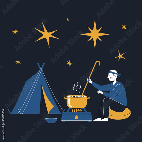 Cozy Camping Meal Under A Starry Night Sky With Tent And Cooking