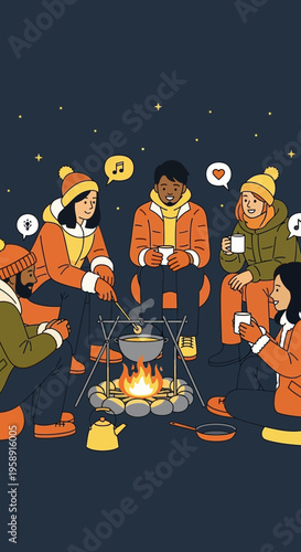 Cozy Friends Enjoying Outdoor Campfire Night With Warm Drinks and Music