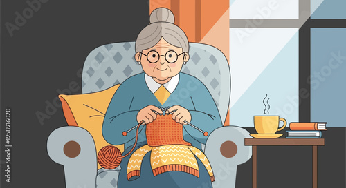 Cozy Grandmother Knitting By The Window With A Warm Drink And Books