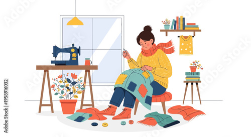 Cozy Handmade Quilt Crafting Session With Sewing Machine And Supplies