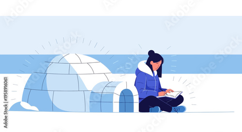 Cozy Igloo Dweller Engaged in Solitary Literary Pursuit Amidst Winter Landscape