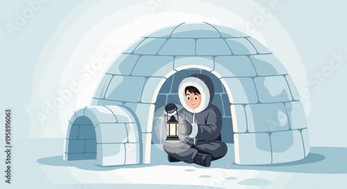 Cozy Igloo Dweller Holding Lantern Amidst Arctic Landscape