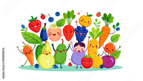 Vector illustration of cute kawaii fruits berries and vegetables with hands and legs.