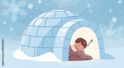 Cozy Child Sleeps Soundly In A Warm Igloo During Winter Snowfall