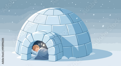 Cozy Child Sleeping Peacefully Inside A Snow Igloo During A Gentle Snowfall