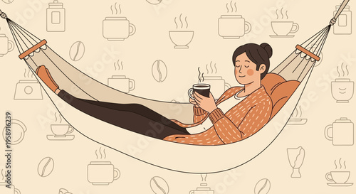 Cozy Morning Hammock Scene With A Warm Beverage And Coffee Motifs