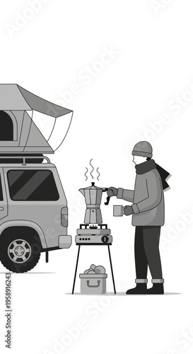 Cozy Morning Coffee Brewed Outdoors With Rooftop Tent Adventure