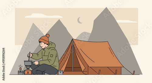 Cozy Mountain Camping Trip With A Warm Meal Preparation In The Evening